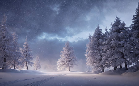 Winter landscape with snowy fir trees and blue sky with snowflakesの素材