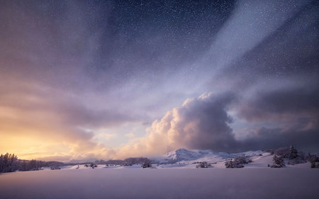 Beautiful winter landscape with starry night sky and milky wayの素材
