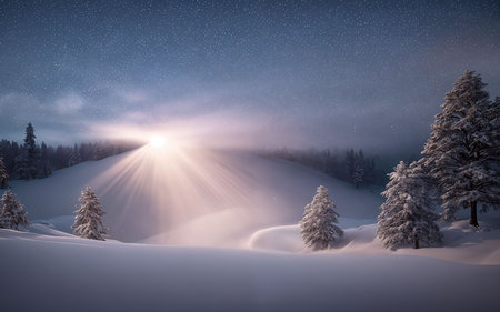 Fantastic winter landscape glowing by sunlight. Dramatic wintry scene. Carpathian, Ukraine, Europe. Beauty world.の素材