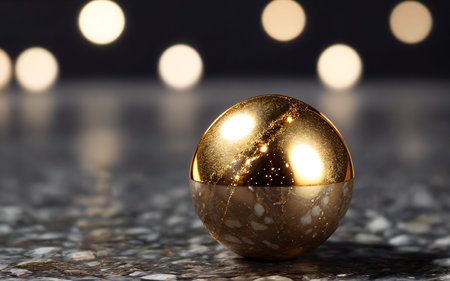 golden christmas ball with bokeh background, 3d renderの素材