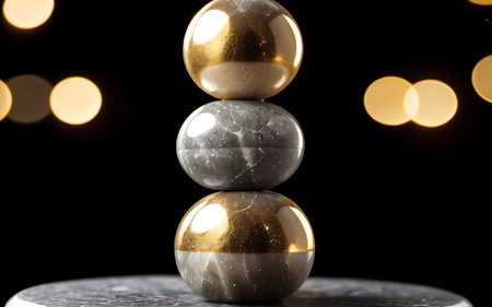 Close-up of golden and silver balls on a black background.の素材