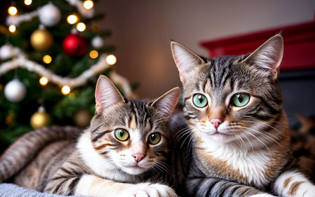 Two cats lying on the bed with a Christmas tree in the backgroundの素材