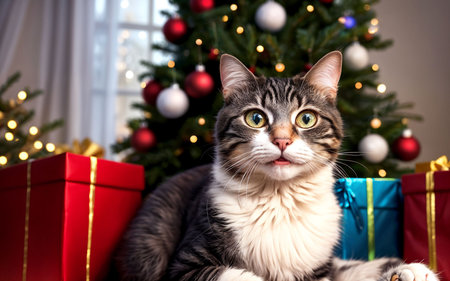 Cute tabby cat with Christmas tree and gifts on background at homeの素材