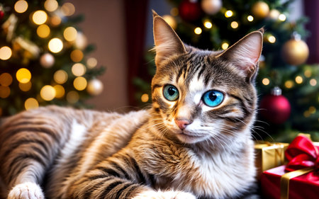Cute cat with blue eyes on the background of the Christmas treeの素材