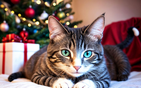 Portrait of a tabby cat with Christmas tree in the backgroundの素材