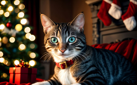 Cute tabby cat with Christmas gifts at home on the background of the Christmas treeの素材