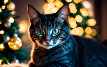 Portrait of a beautiful cat on the background of a Christmas tree.の素材