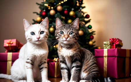 Two cats in front of a Christmas tree with gifts and Christmas treeの素材