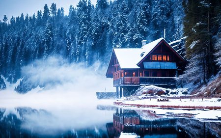 Foggy winter landscape with wooden house on the lake shore.の素材