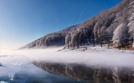 Foggy morning on the lake in the mountains. Winter landscapeの素材