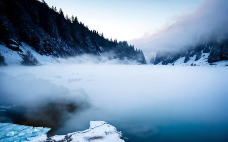 Foggy winter landscape with frozen lake and mountains in the backgroundの素材