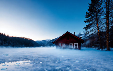 Foggy winter landscape with wooden house on frozen lake in mountainsの素材
