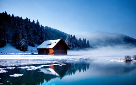 Foggy winter landscape with a wooden house on the lake shoreの素材
