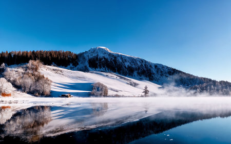 Beautiful winter landscape with snow covered mountains and lake in Carpathian mountains