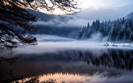 Beautiful winter landscape with lake and foggy forest at sunrise.の素材