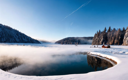 Foggy morning on the lake. Winter landscape. Carpathians, Ukraine, Europeの素材