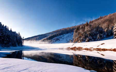 Beautiful winter landscape with snow covered mountains and lake in the morningの素材