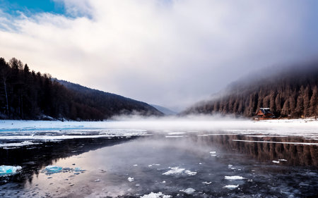 Foggy winter landscape with frozen lake and mountains in the backgroundの素材