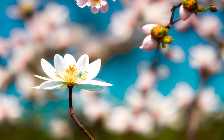 Beautiful white magnolia flower on blue sky background, spring timeの素材