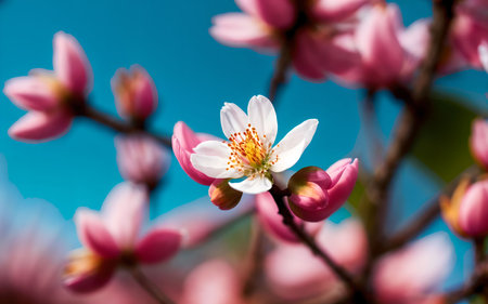 Pink magnolia blossom on blue sky background, spring season.の素材