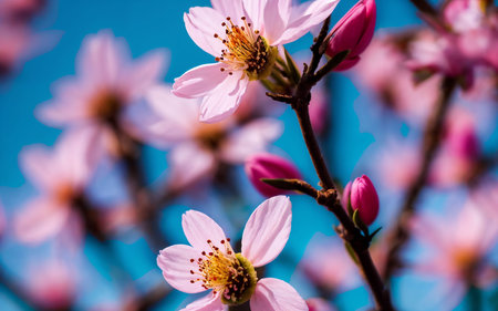 Beautiful pink cherry blossom in spring season on blue sky backgroundの素材