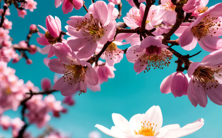 cherry blossom on blue sky background, close up of flowersの素材