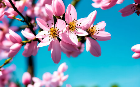 Beautiful pink magnolia flowers on blue sky background. Spring timeの素材