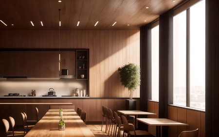 Interior of modern kitchen with wooden walls, concrete floor, dark wooden countertops and wooden cupboards. 3d renderingの素材
