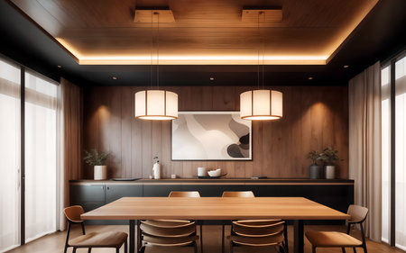 Interior of modern kitchen with wooden walls, wooden floor, dark brown countertops and wooden cupboards. 3d renderingの素材