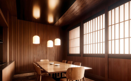 Interior of a Japanese restaurant with wooden walls, wooden floor and large window. 3d renderingの素材
