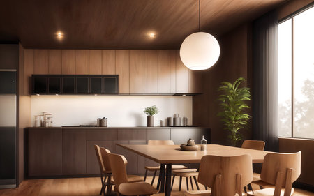Interior of modern kitchen with wooden walls, wooden floor, brown cupboards and dining table with chairs. 3d renderingの素材