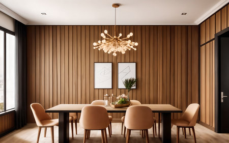 Interior of modern dining room with brown wooden walls, wooden floor, round wooden table with beige chairs and lamps. 3d renderingの素材