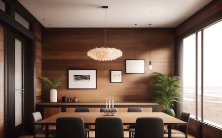 Interior of modern dining room with wooden walls, concrete floor, long wooden table and black chairs. 3d rendering mock upの素材
