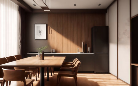Interior of modern dining room with wooden walls, concrete floor, wooden countertops and gray cupboards. 3d renderingの素材