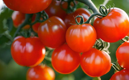 Ripe red tomatoes on a branch in the garden close-upの素材