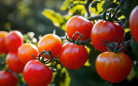 Ripe red tomatoes growing on a branch in a vegetable garden.の素材