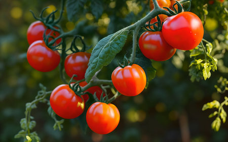 Ripe red tomatoes on a branch in the garden. Selective focus.の素材
