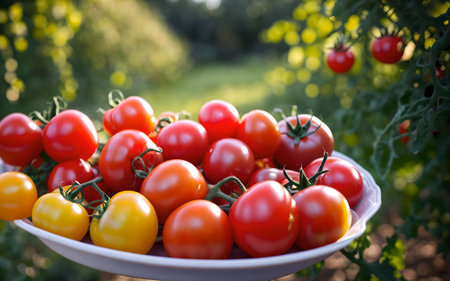 Ripe red and yellow tomatoes on a white plate in the gardenの素材