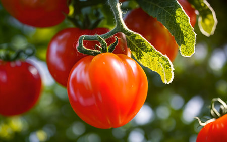 Ripe red tomatoes growing on a branch in a vegetable garden.の素材