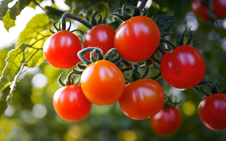 Bunch of ripe red cherry tomatoes on a branch in the gardenの素材