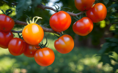 Ripe red tomatoes on a branch in the garden. Selective focus.の素材