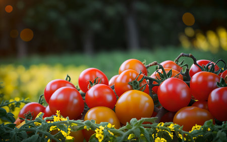 Tomatoes in the garden. Selective focus. nature background.の素材