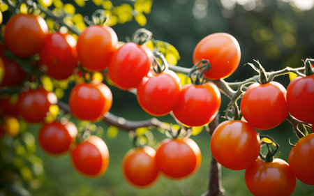 Ripe red tomatoes on a branch in the garden. Selective focus.の素材