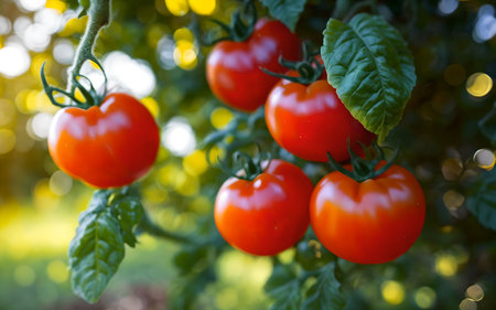 Ripe red tomatoes growing on a branch in the garden. Selective focus.の素材