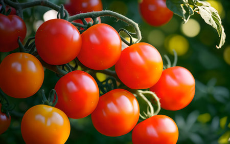 Ripe red tomatoes on a branch in the garden. Selective focus.の素材