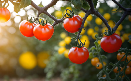 Ripe red tomatoes on a branch in the garden. Close-upの素材