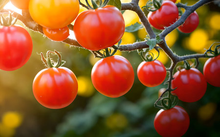 Ripe red and yellow tomatoes growing on a branch in the gardenの素材