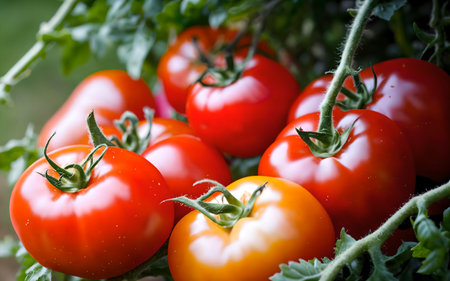 Ripe tomatoes on the vine in the garden. Selective focus.の素材