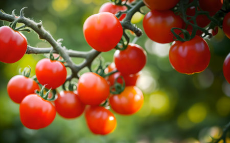Cherry tomatoes on a branch in the garden. Natural background.の素材
