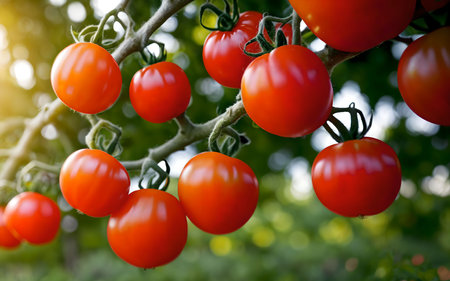 Bunch of ripe red tomatoes on a branch, close-upの素材